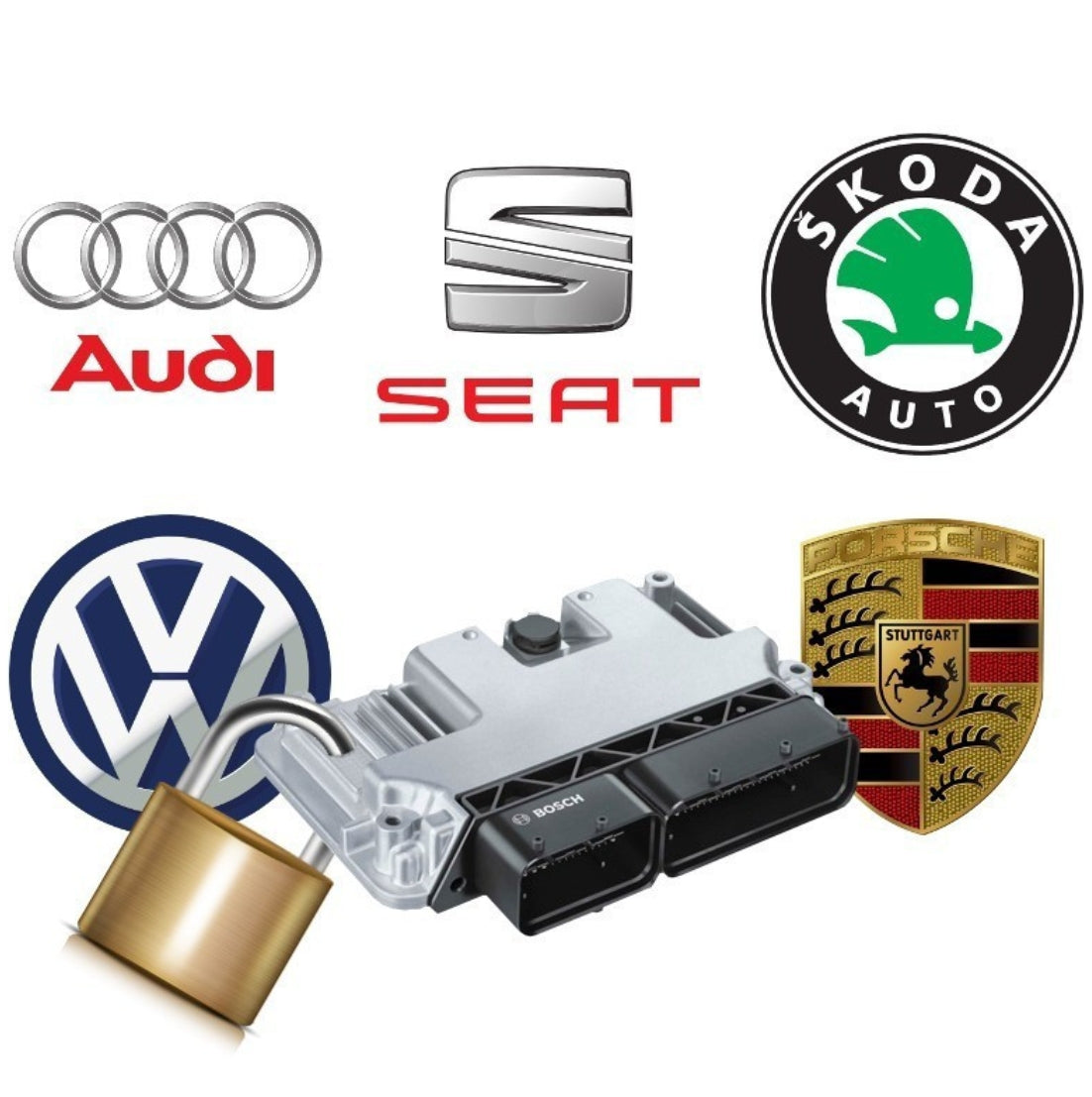 Unité de contrôle électronique (ECU) avec un cadenas et divers logos de marques automobiles du groupe Volkswagen, notamment Audi, SEAT, Skoda, VW et Porsche.